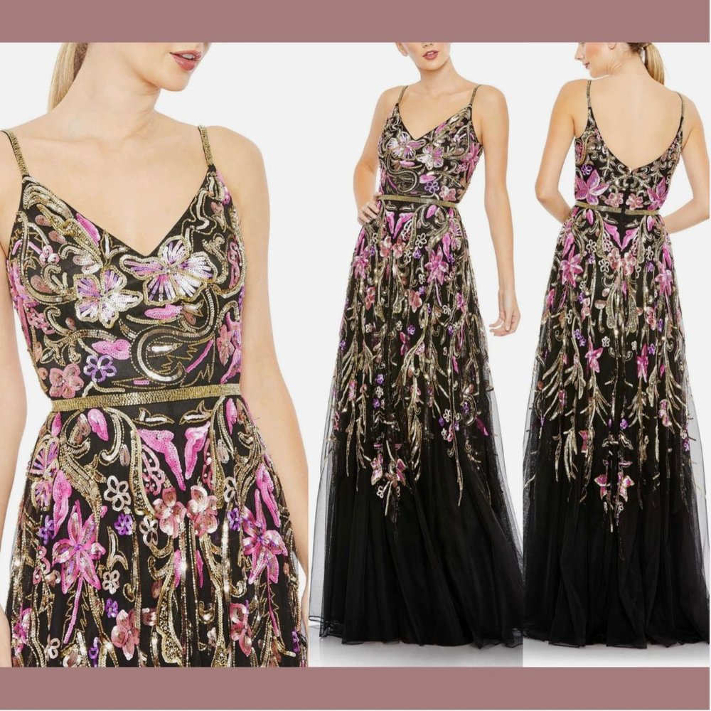 NWT $698 Mac Duggal [‎ 14 ] V-Neck Floral Embellished Gown in Black Pink